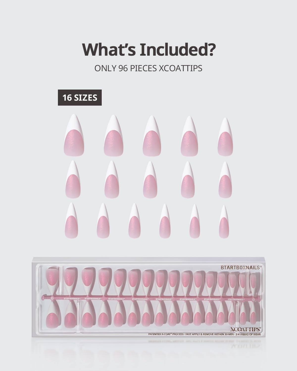 BTArtboxnails size layout showing 16 pre-sized nails for fit