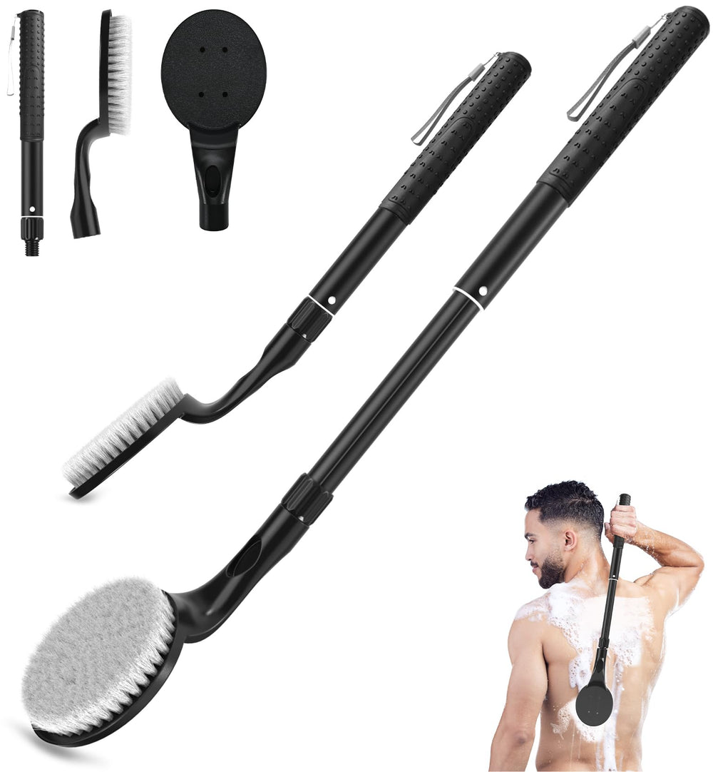BTideas front view of back scrubber showing full brush head and handle for easy cleaning