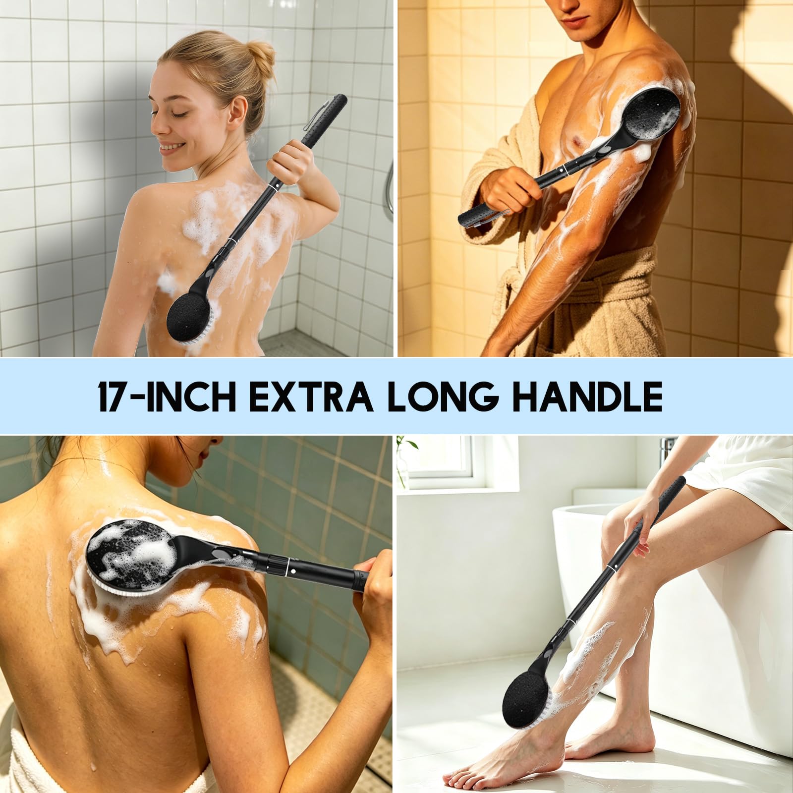 BTideas in-shower use image showing user reaching shoulders for effective cleansing