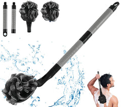BTideas loofah front view showing black mesh and handle for easy exfoliation