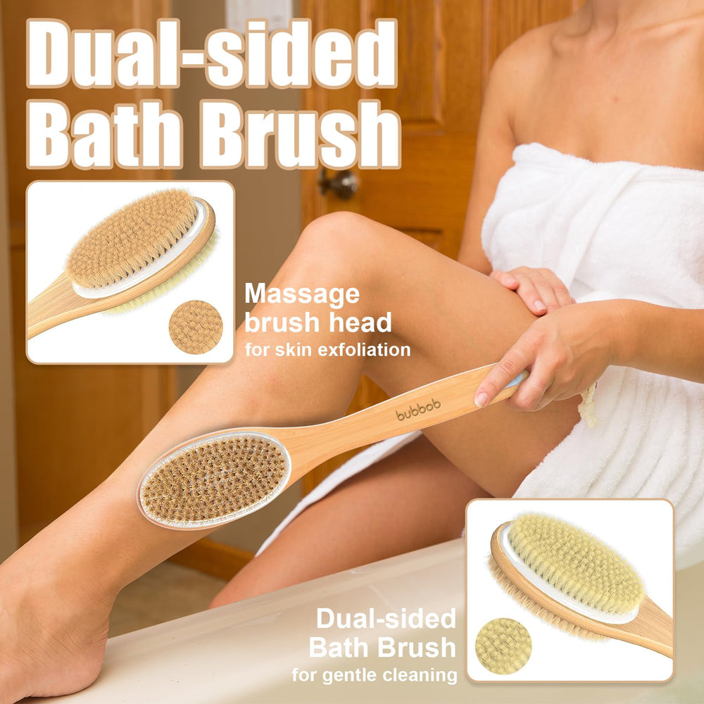 bubbob in use scrubbing upper back to demonstrate reach and comfort