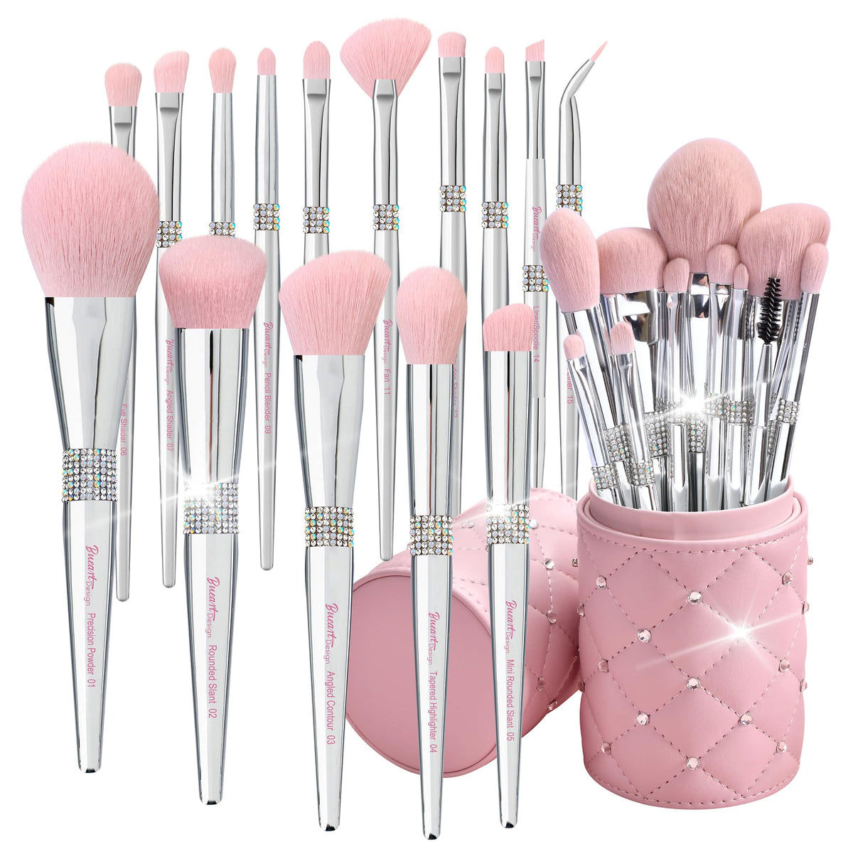 Bueart Design front packaging with pink holder showing organized brush set benefit