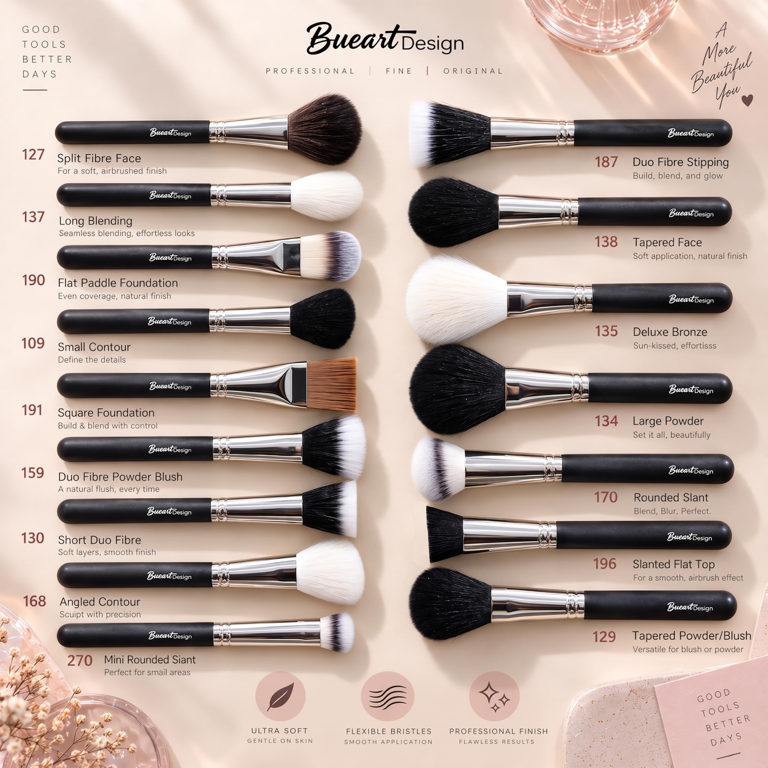 Bueart Design full set layout on black background demonstrating brush variety and labeling