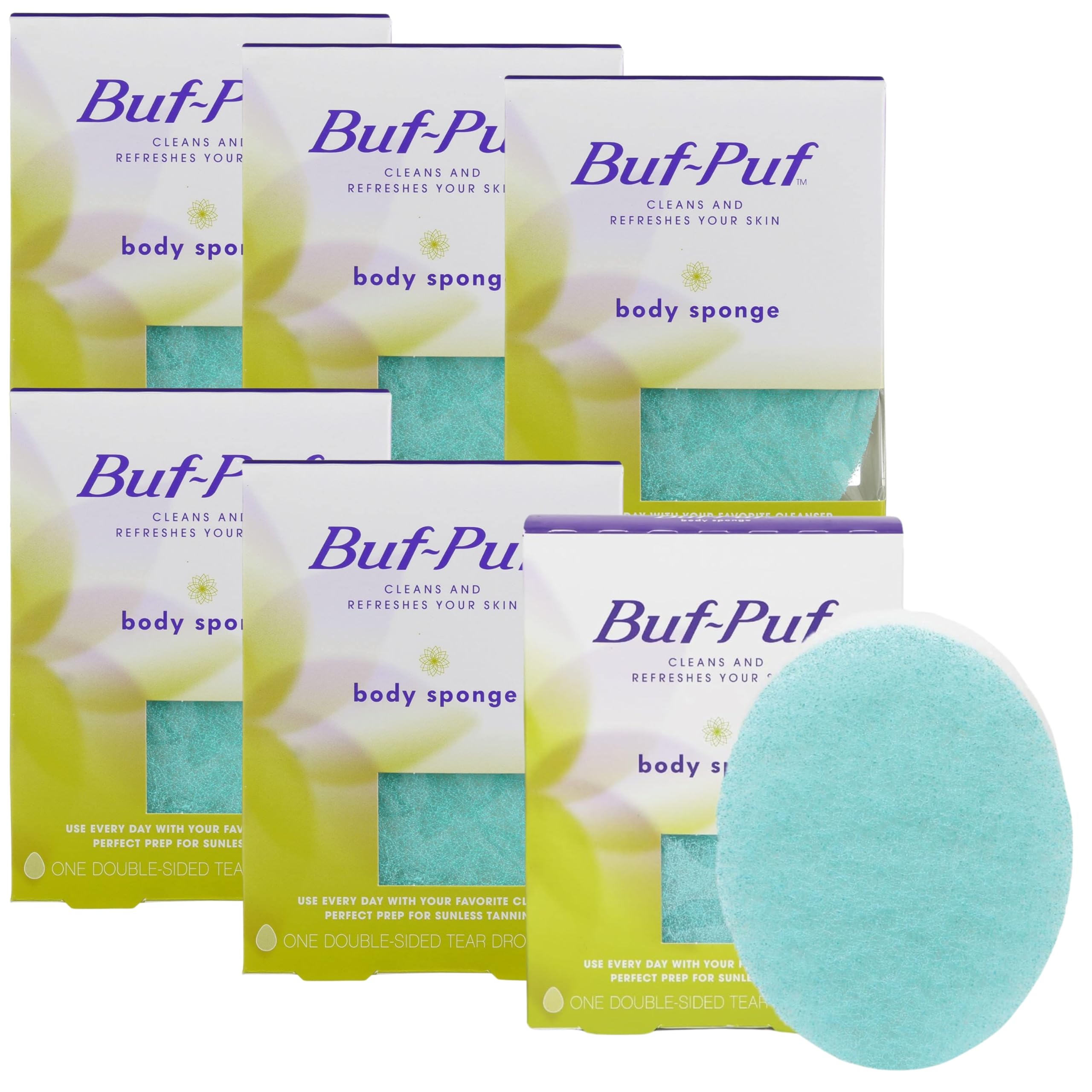 Buf-Puf front packaging showing six reusable sponges and clear product benefit