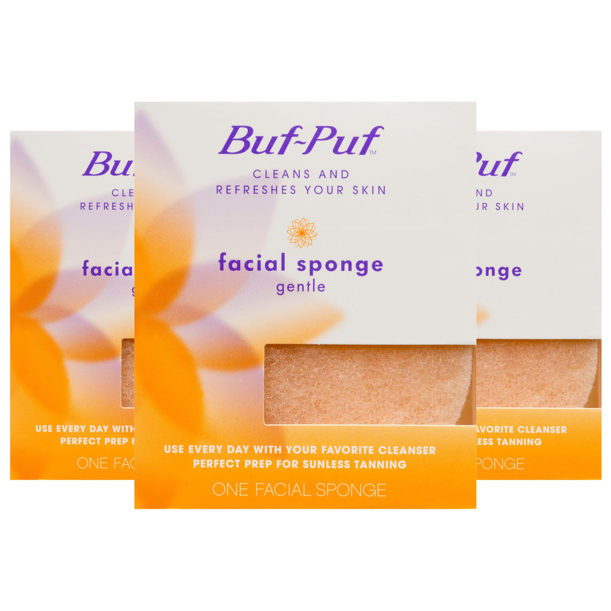 Buf-Puf front packaging showing three sponges and product name for clear identification
