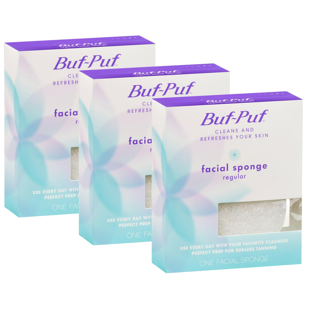 Buf-Puf front packaging showing three white facial sponges and product benefits