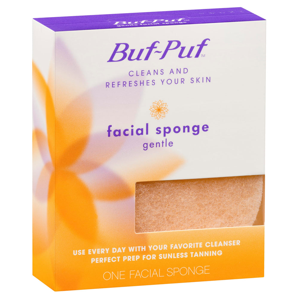 Buf-Puf on bathroom vanity with towels conveying a simple skincare lifestyle benefit