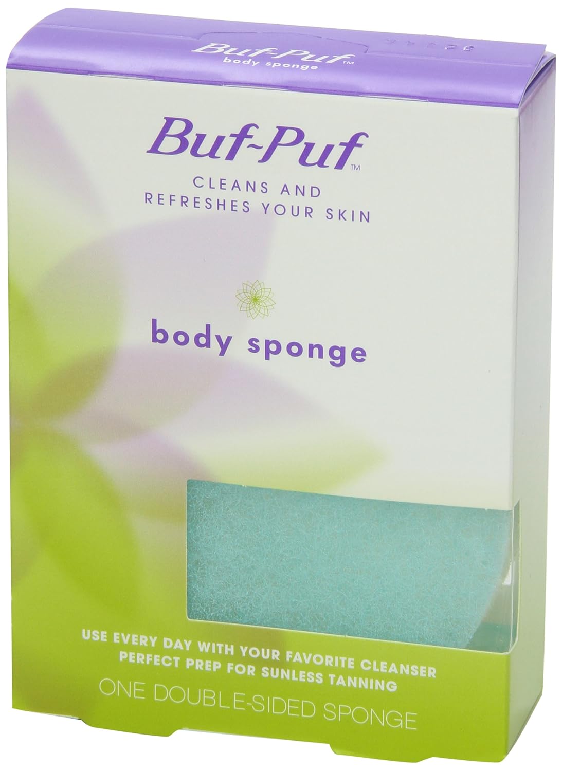 Buf-Puf sponges arranged on bathroom shelf showing daily routine convenience