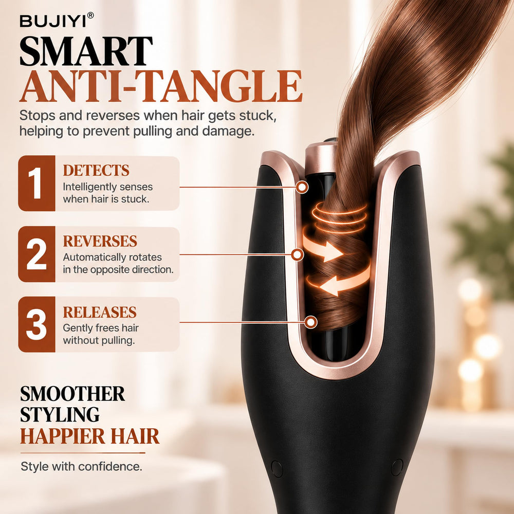 BUJIYI anti-tangle sensor diagram illustrating safety reversal to prevent hair snags
