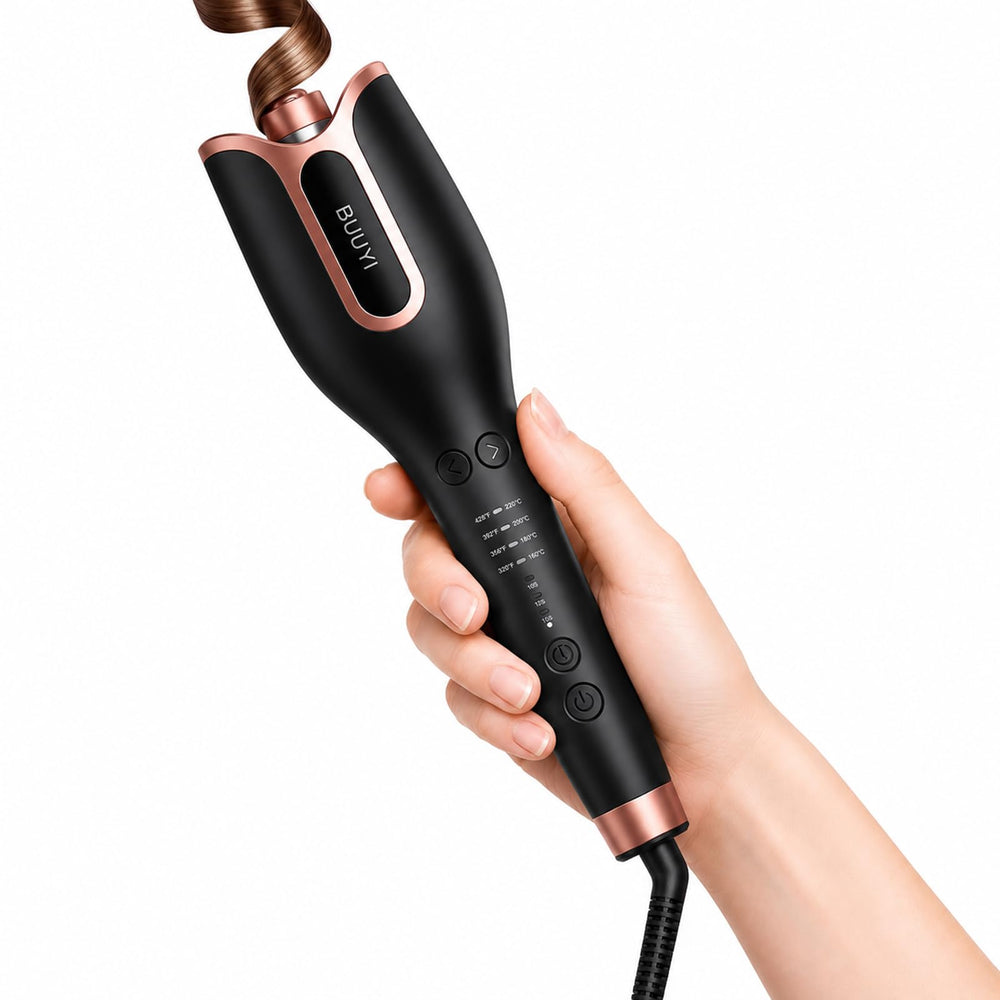 BUJIYI front view of black and gold curler showing sleek design and quick styling benefit