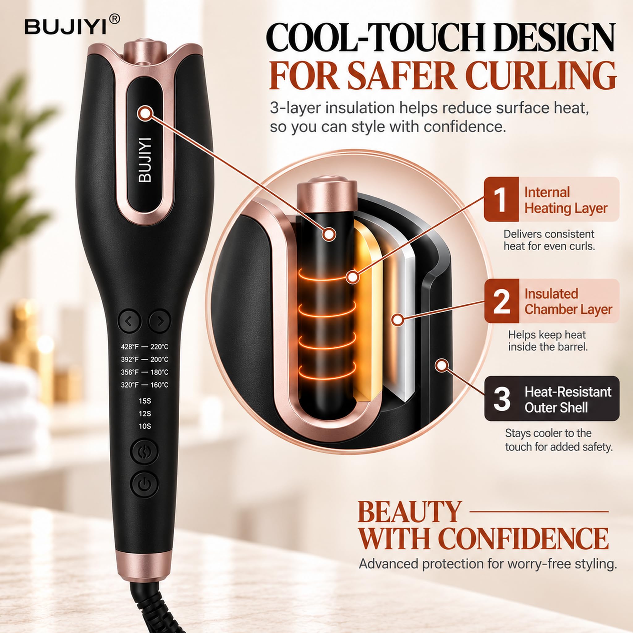 BUJIYI swivel cord and plug displayed for tangle-free maneuvering and travel convenience