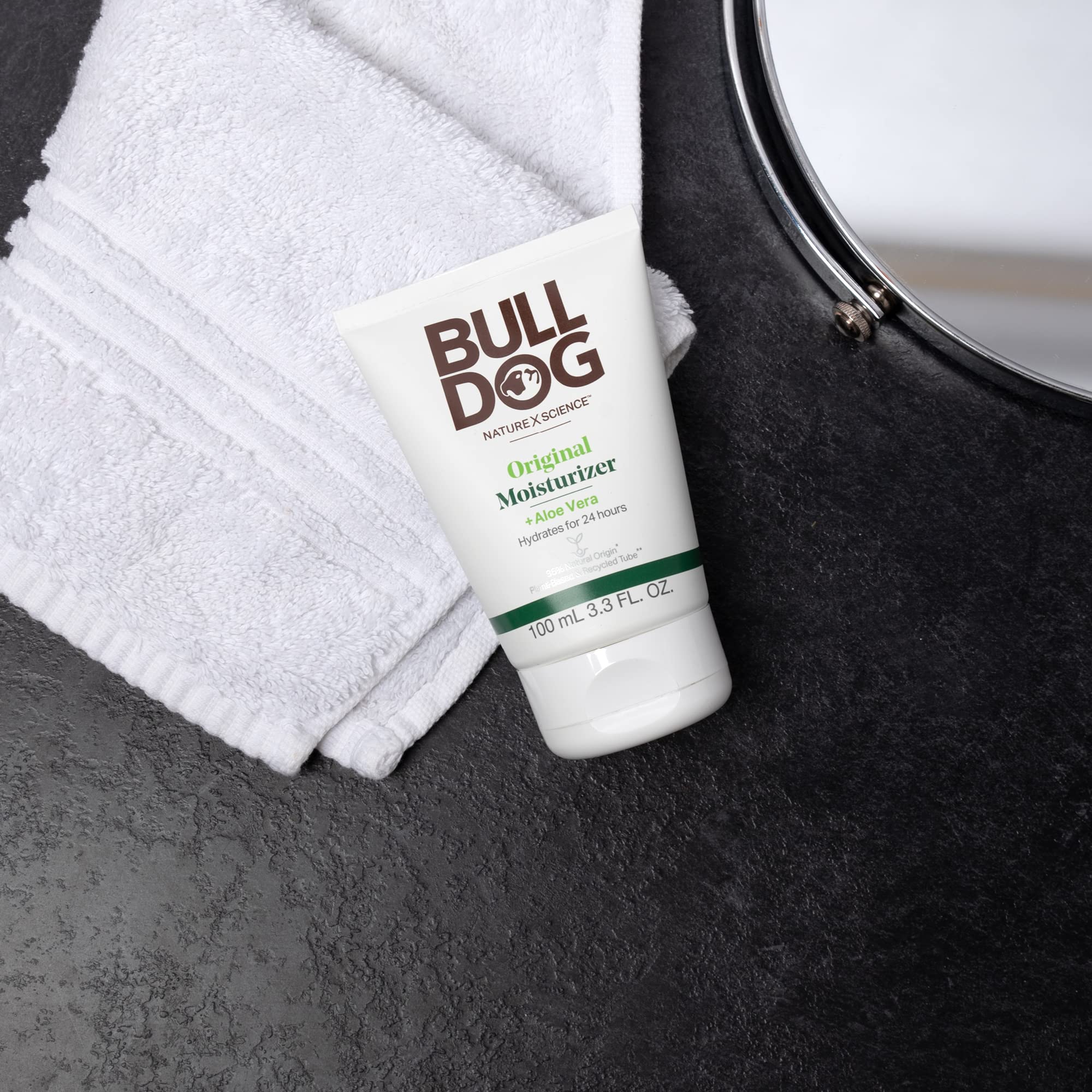 Bulldog Original moisturizer texture on hand demonstrating lightweight absorption