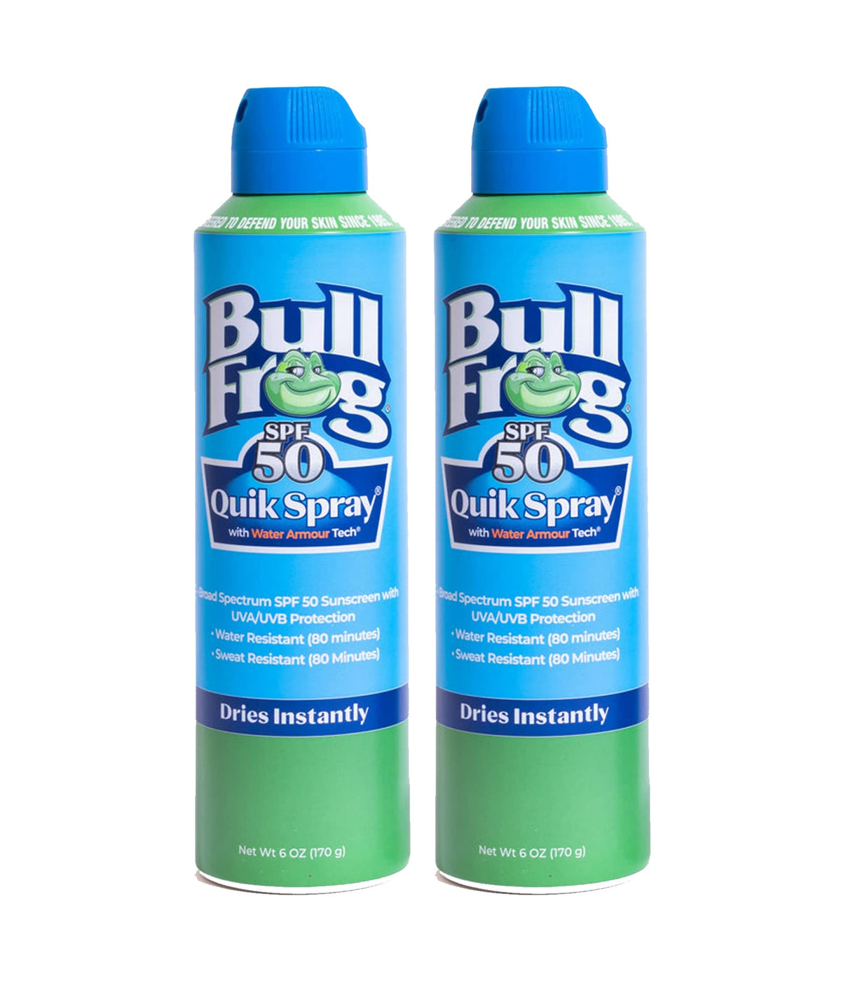 Bullfrog front packaging showing SPF 50 protection and quick application benefit