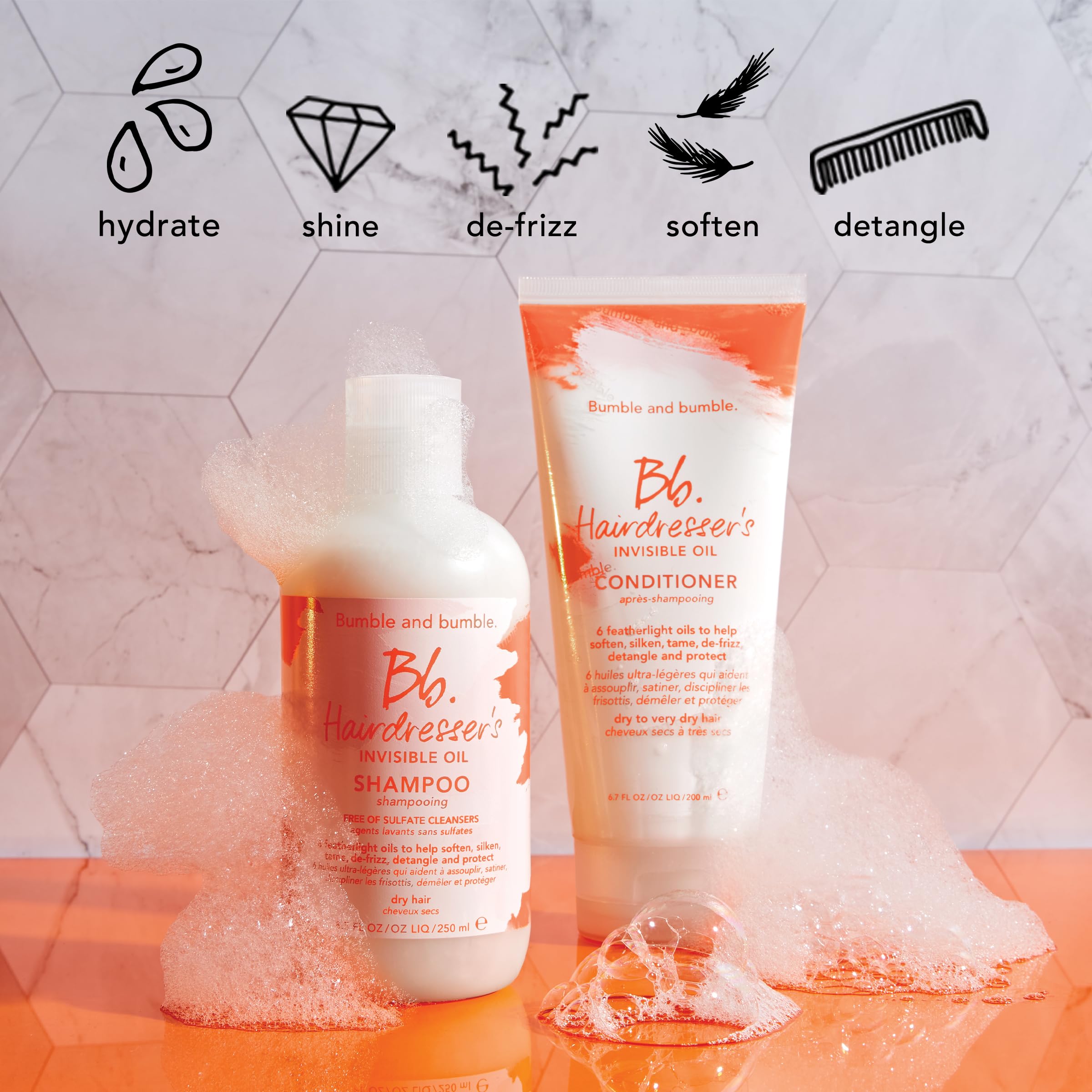 Bumble and bumble application in shower on wet hair, illustrates quick detangling benefit