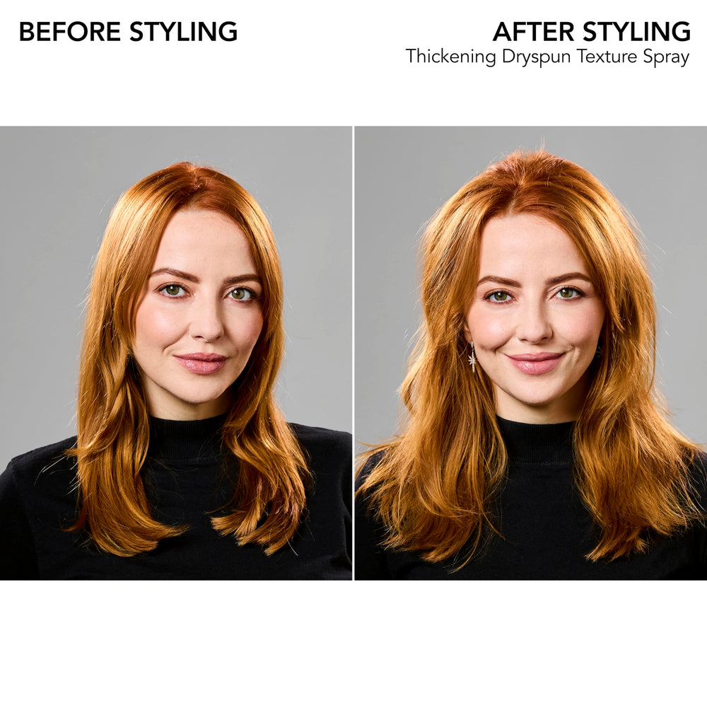Bumble and bumble before and after fine hair showing fuller, bouncier results benefit