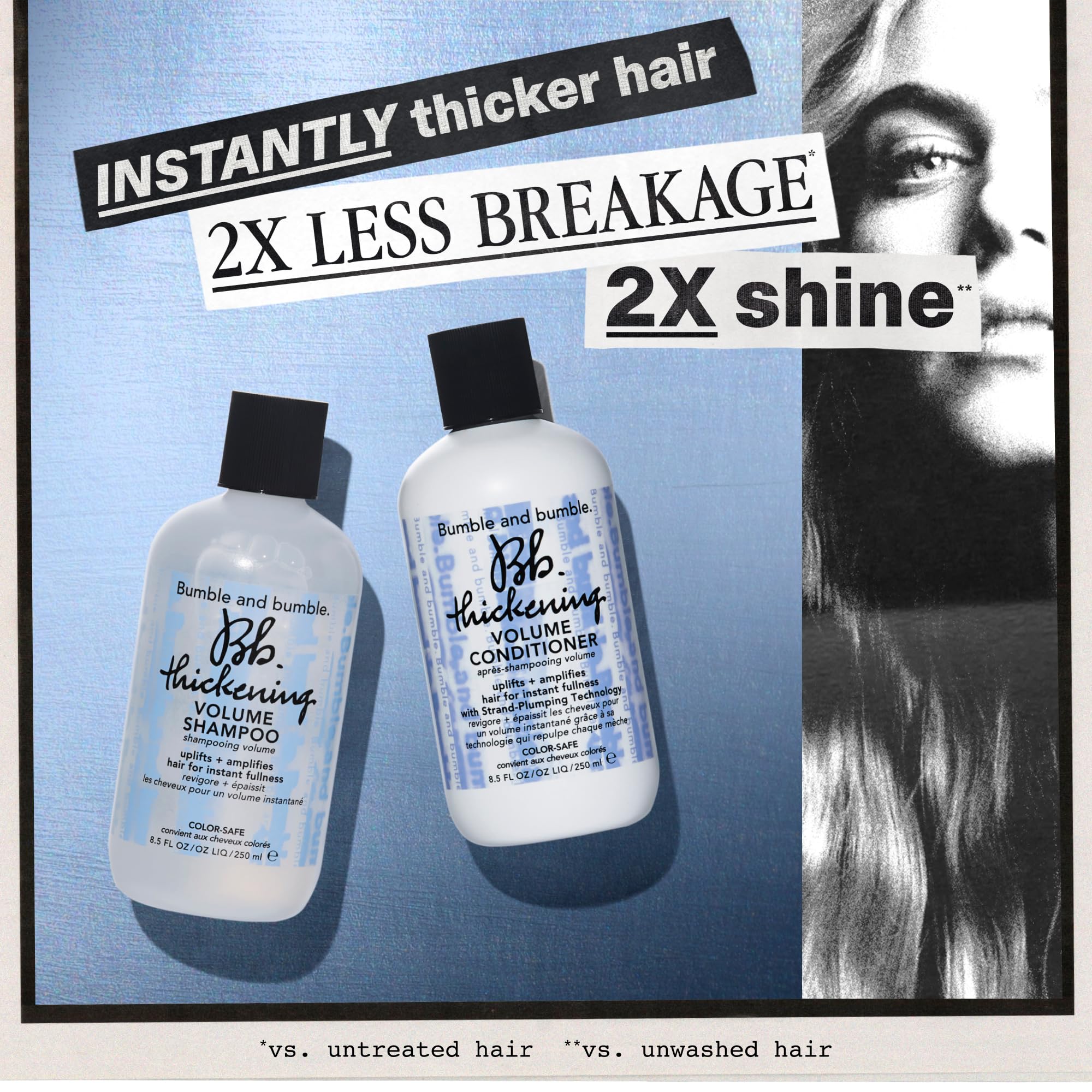 Bumble and bumble before and after conditioned hair with added volume
