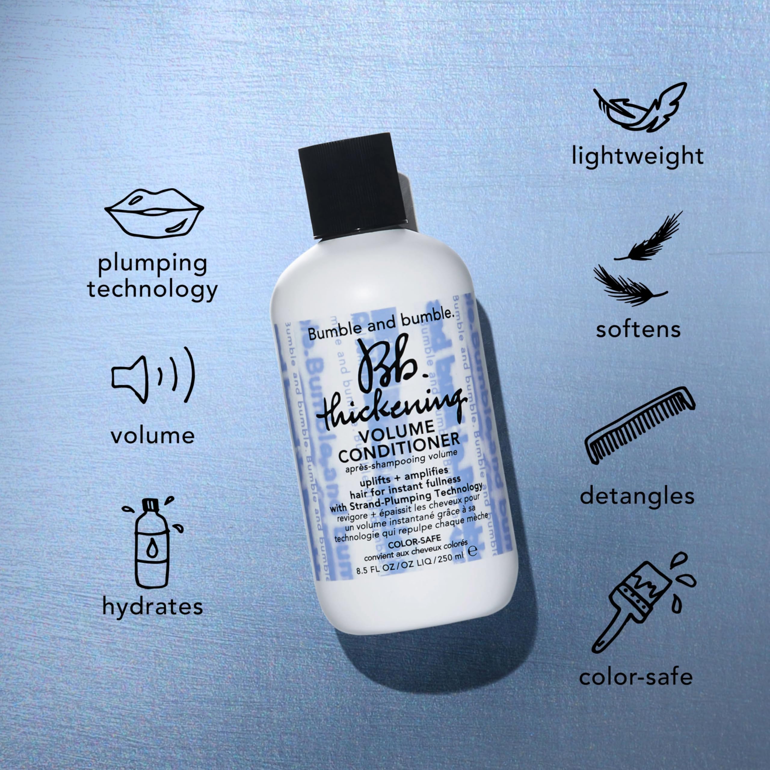 Bumble and bumble conditioner being poured to show strand-plumping texture benefit