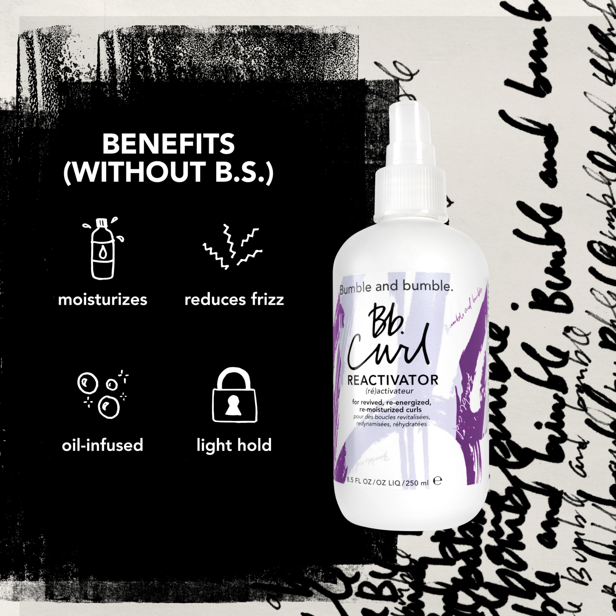 Model applying Bumble and bumble mist to curls for quick reactivation and definition
