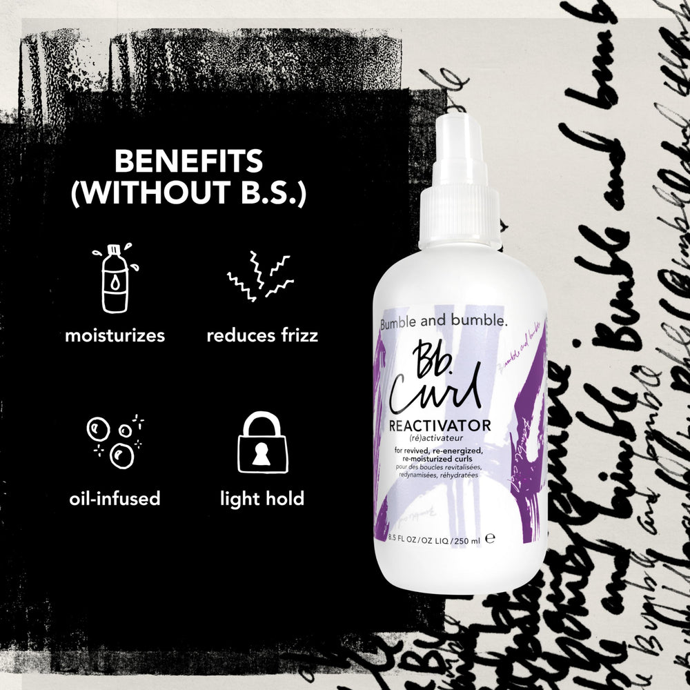 Model applying Bumble and bumble mist to curls for quick reactivation and definition