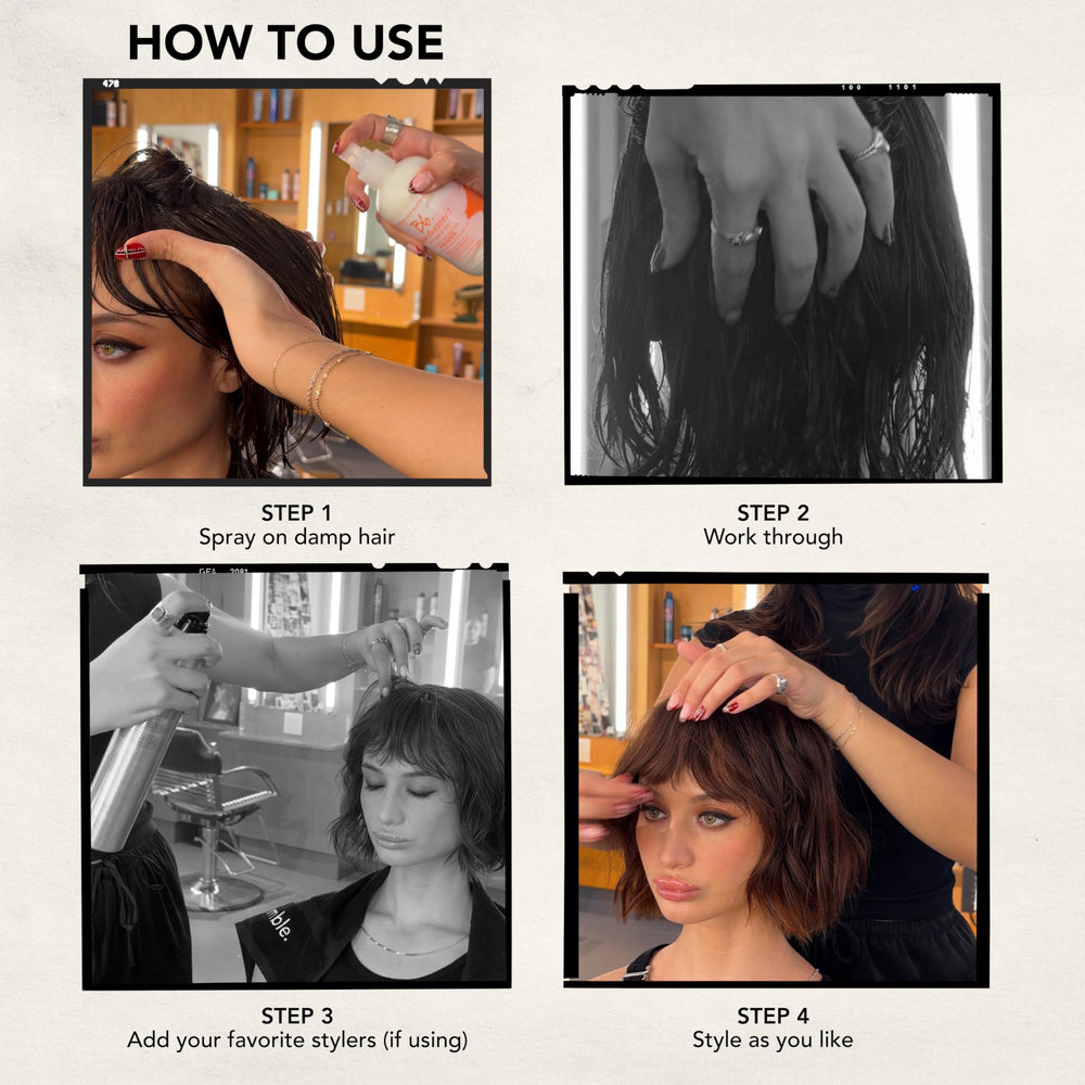 Bumble and bumble hands misting curly hair to show detangling and definition