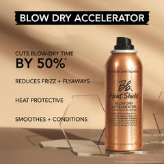 Close-up of Bumble and bumble Heat Shield spray nozzle and mist, highlights even application advantage