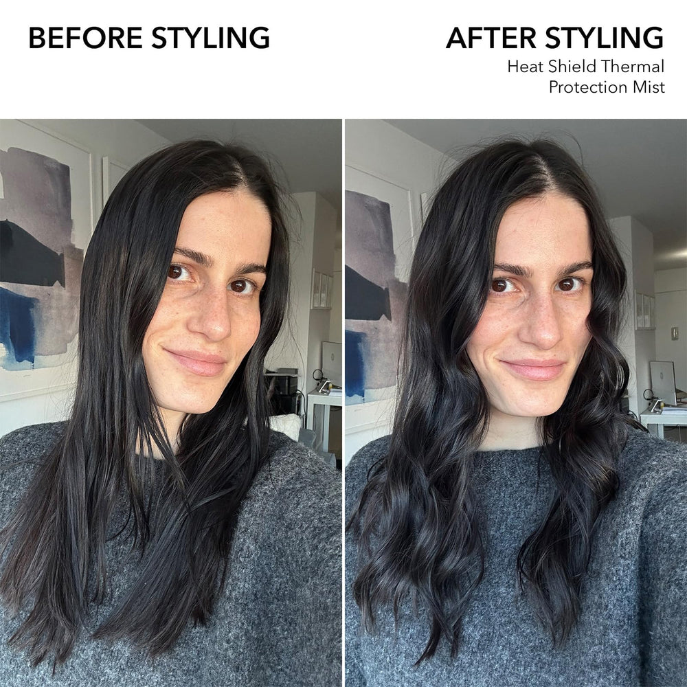 Bumble and bumble mist on strands illustrating smoother, frizz-controlled texture