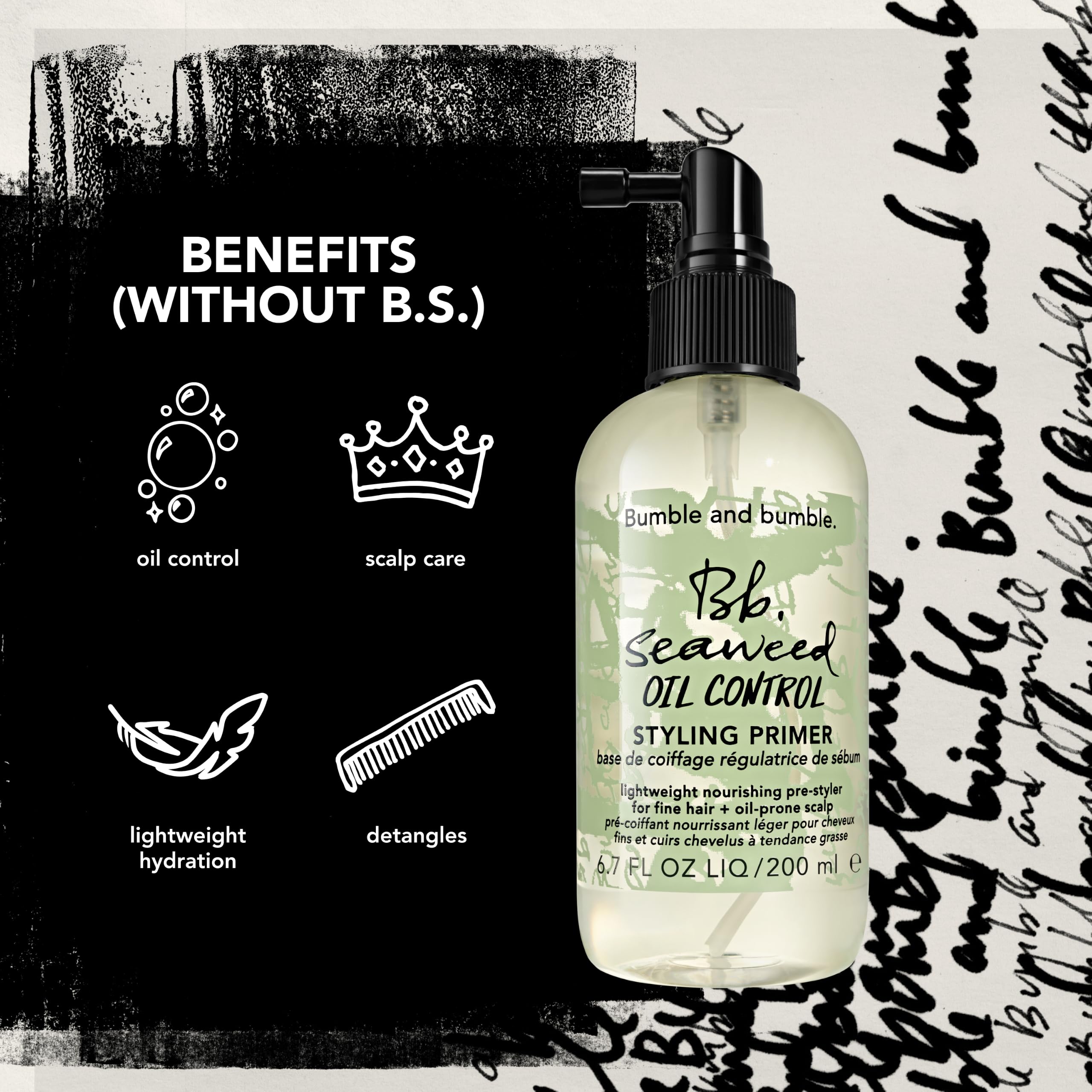 Bumble and bumble ingredient label highlighting Royal Sugar Kelp oil-control benefit