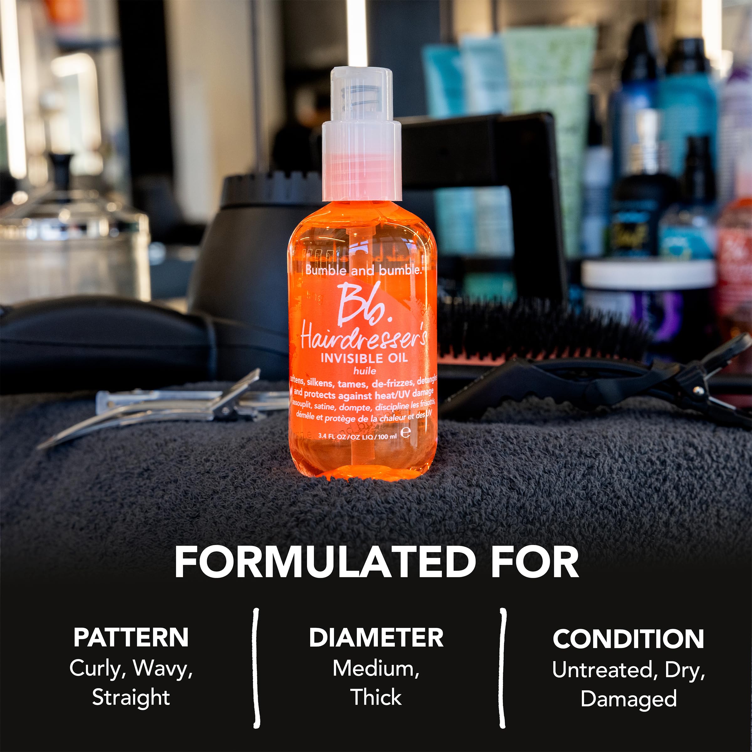 Bumble and bumble next to a ruler for 3.4 fl oz size and travel-friendly benefit