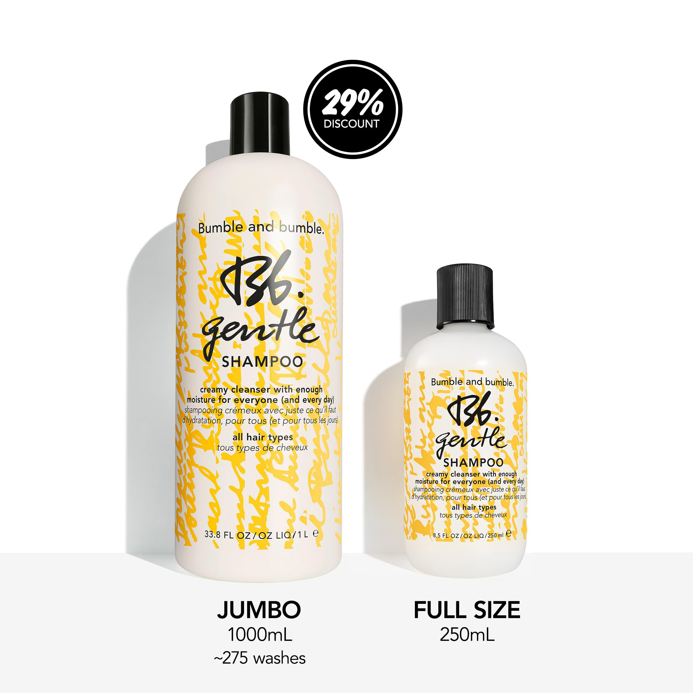 Bumble and bumble 8.5 fl oz bottle in hand showing compact travel-friendly size