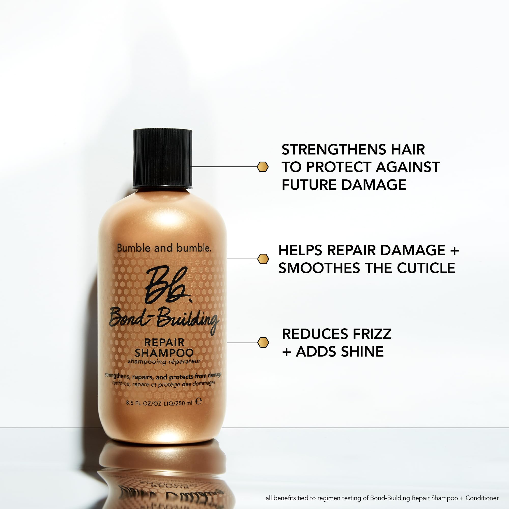Bumble and bumble bottle in hand showing 8.5 fl oz size and portability