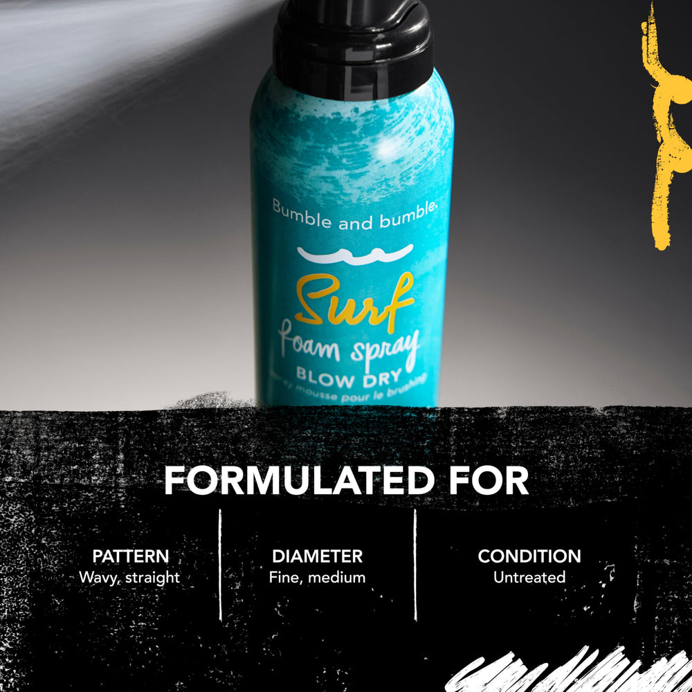 Bumble and bumble can held in hand to show compact size and travel-friendly benefit