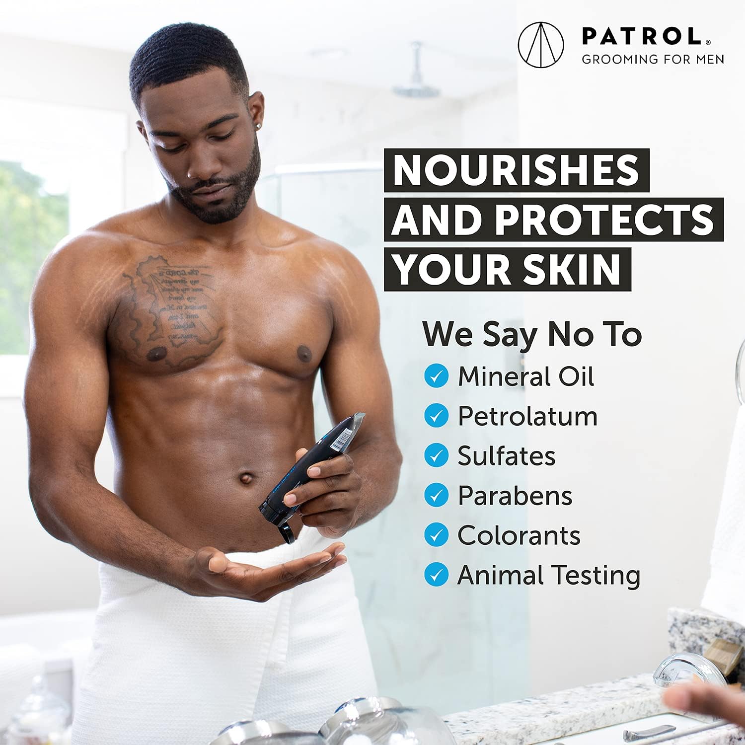 Bump Patrol tube in bathroom setting conveying a soothing grooming routine