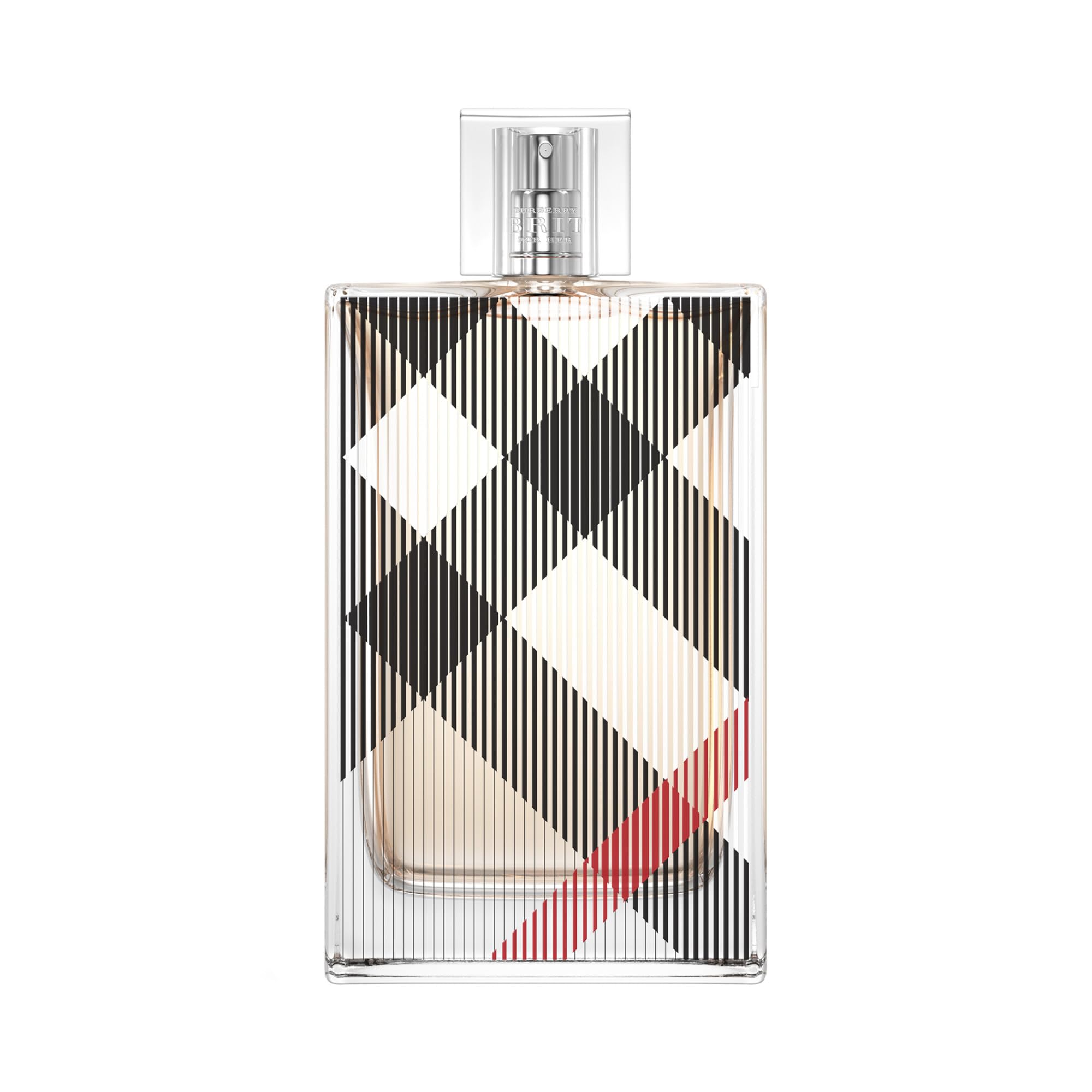 Burberry bottle front view showing check pattern and elegant silhouette benefit: iconic display