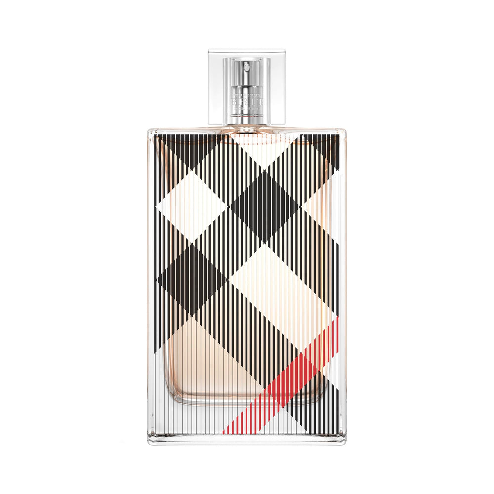 Burberry bottle front view showing check pattern and elegant silhouette benefit: iconic display