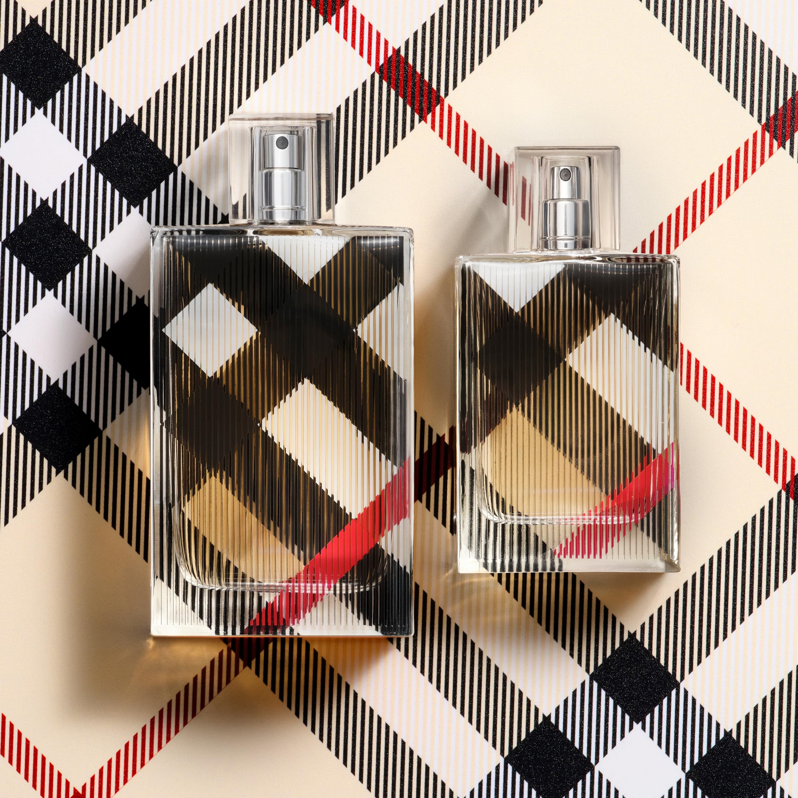 Burberry bottle on vanity surrounded by accessories benefit: stylish presentation for gifting
