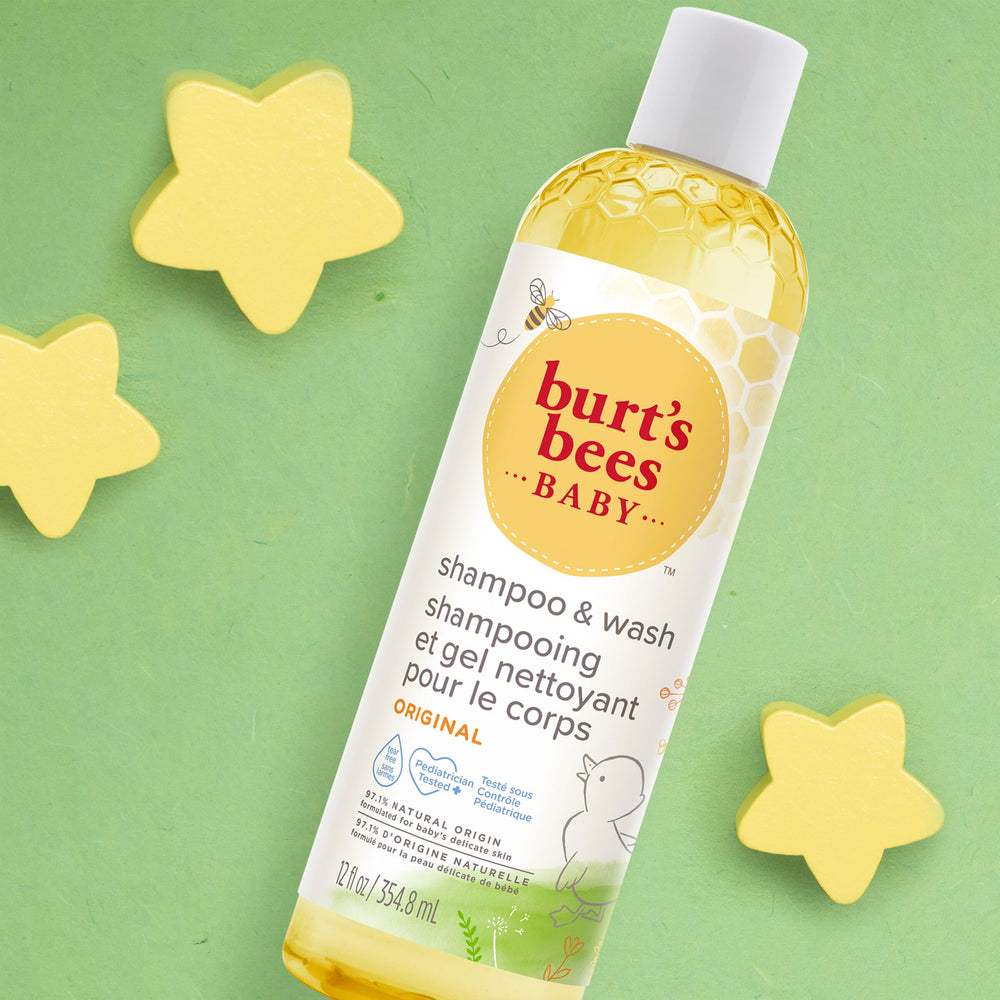 Burt's Bees bottle in baby bathtub scene conveying calm bath time benefits