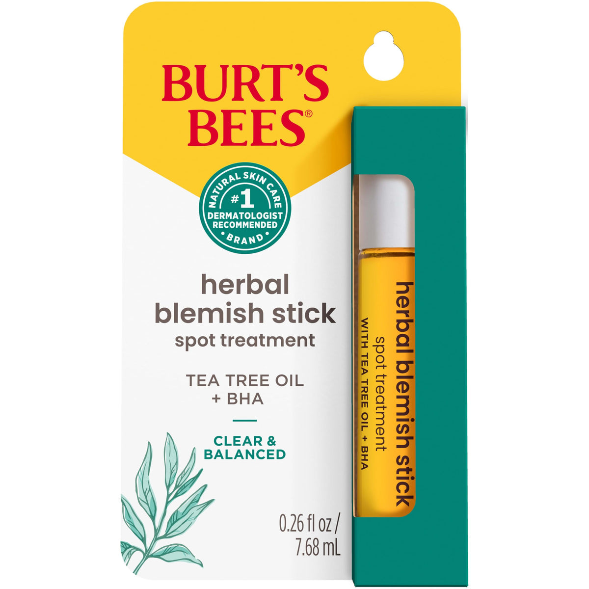 Burt's Bees front packaging showing compact blemish stick, easy portability benefit