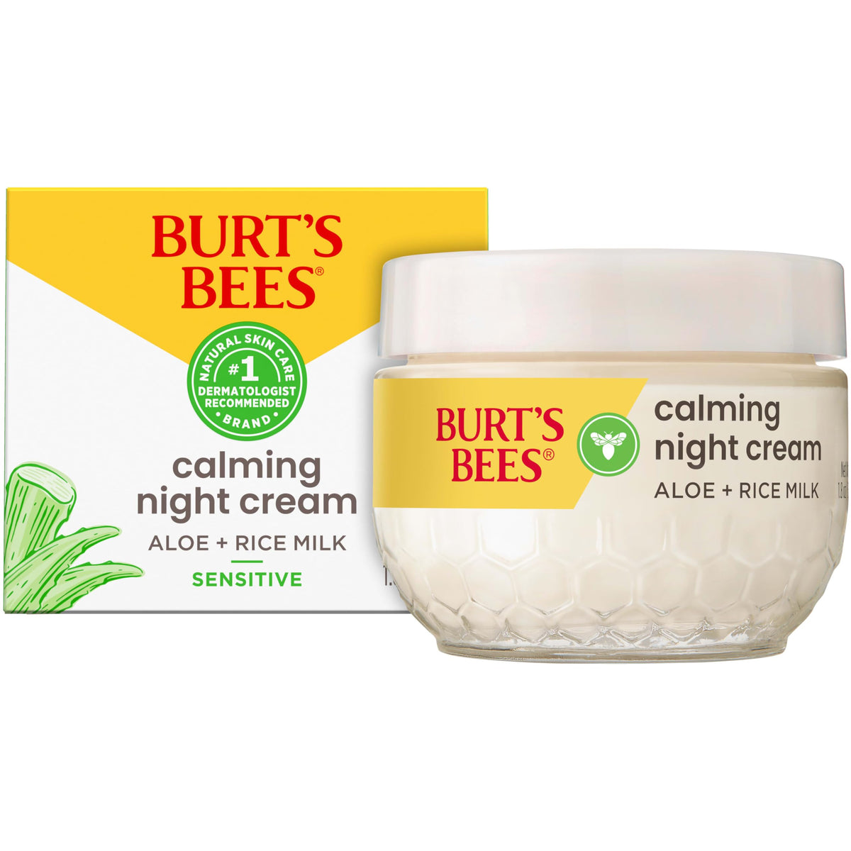 Burt's Bees tub front view showing calming night cream benefits
