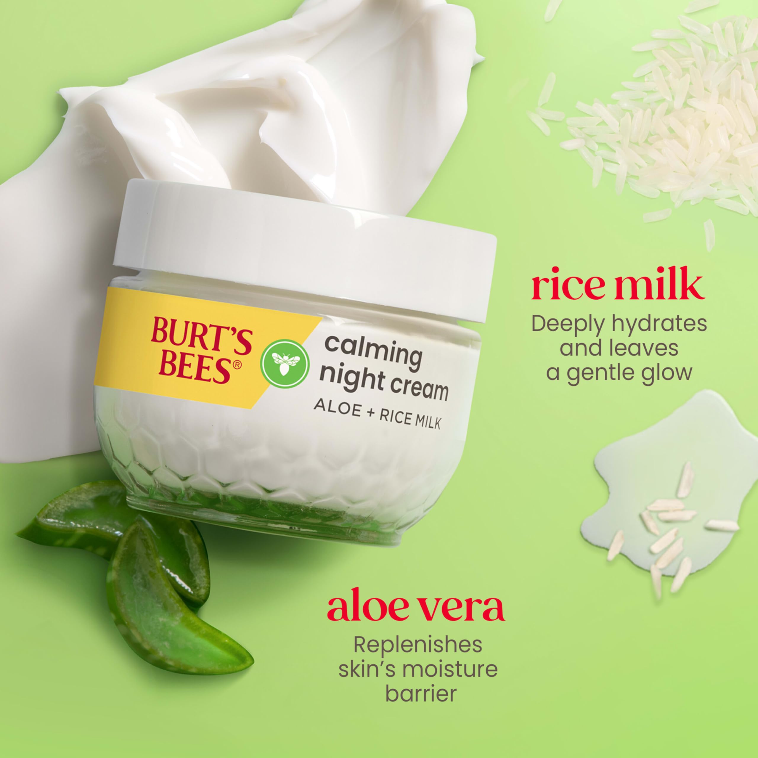 Burt's Bees with rice grains highlighting nourishing rice milk