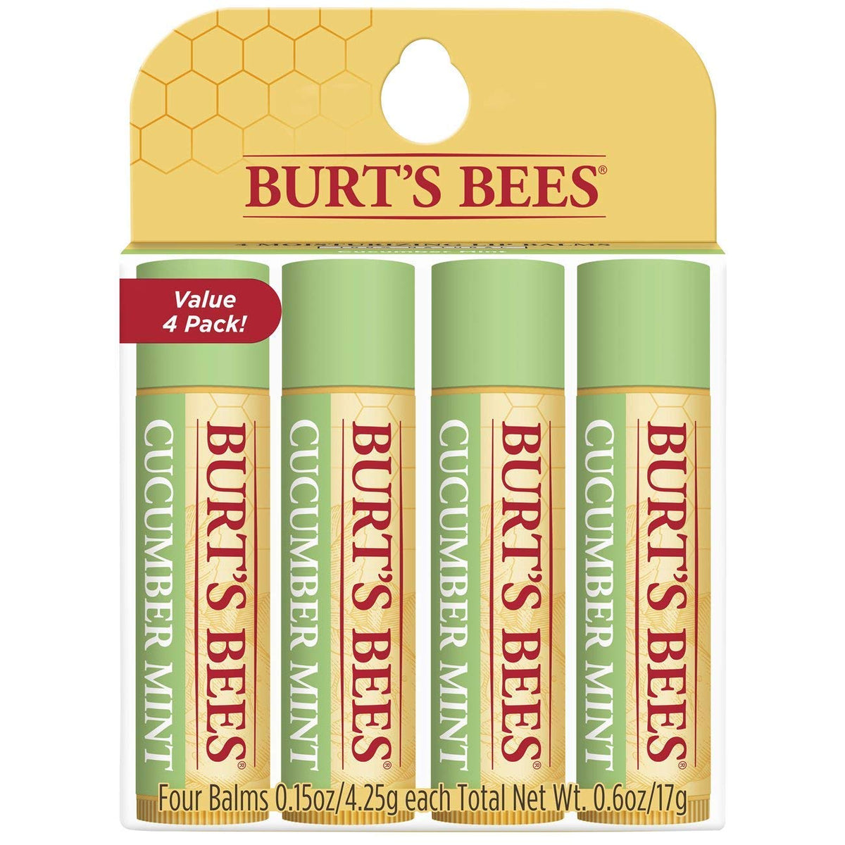 Burt's Bees front packaging showing four tubes and natural benefit