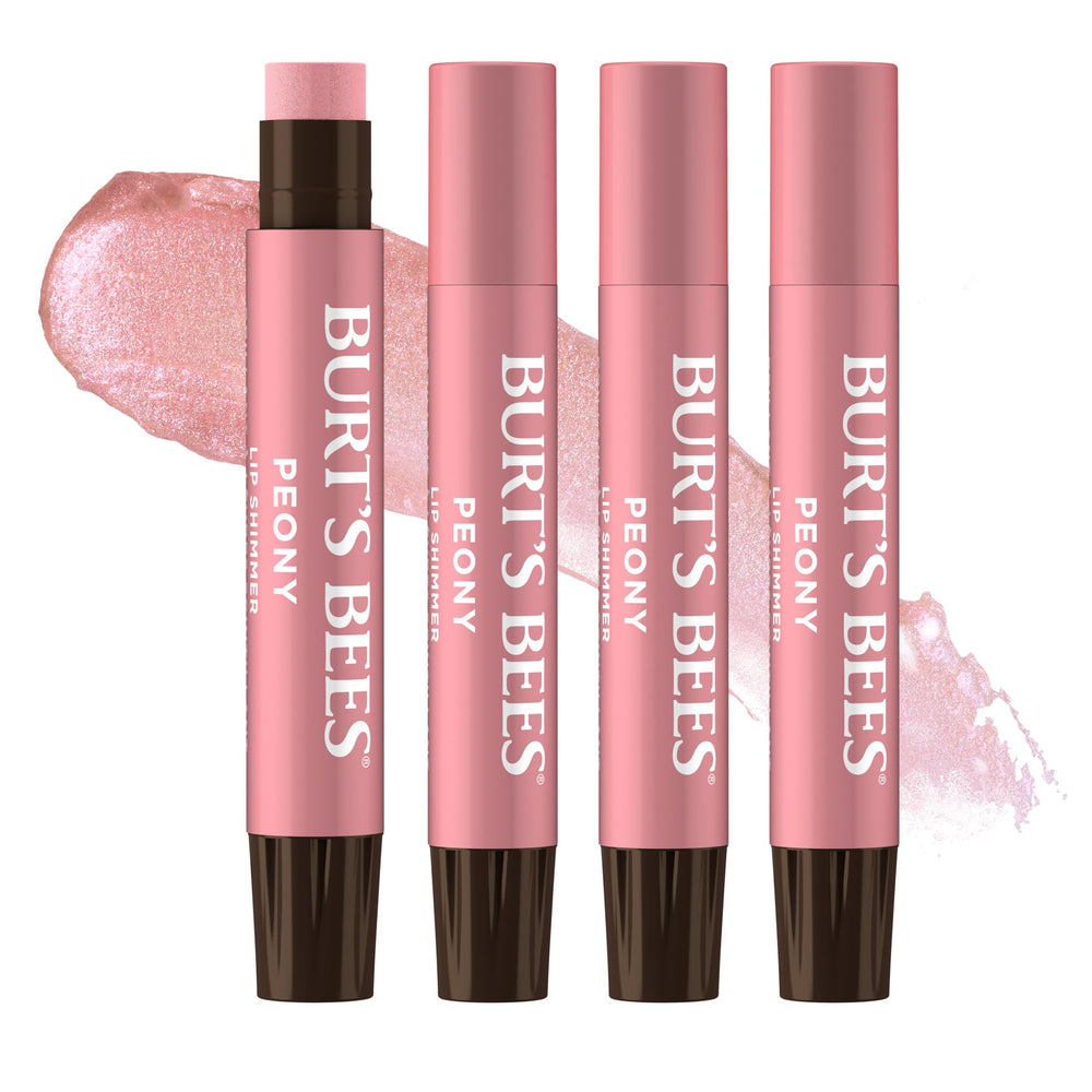 Burt's Bees front packaging showing four Peony shimmer tubes and natural benefit
