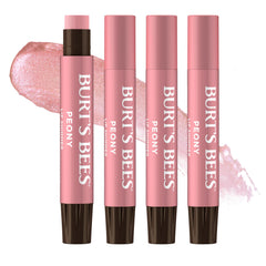 Burt's Bees front packaging showing four Peony shimmer tubes and natural benefit