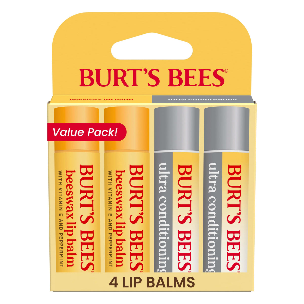 Burt's Bees front packaging showing four lip balm tubes and benefits