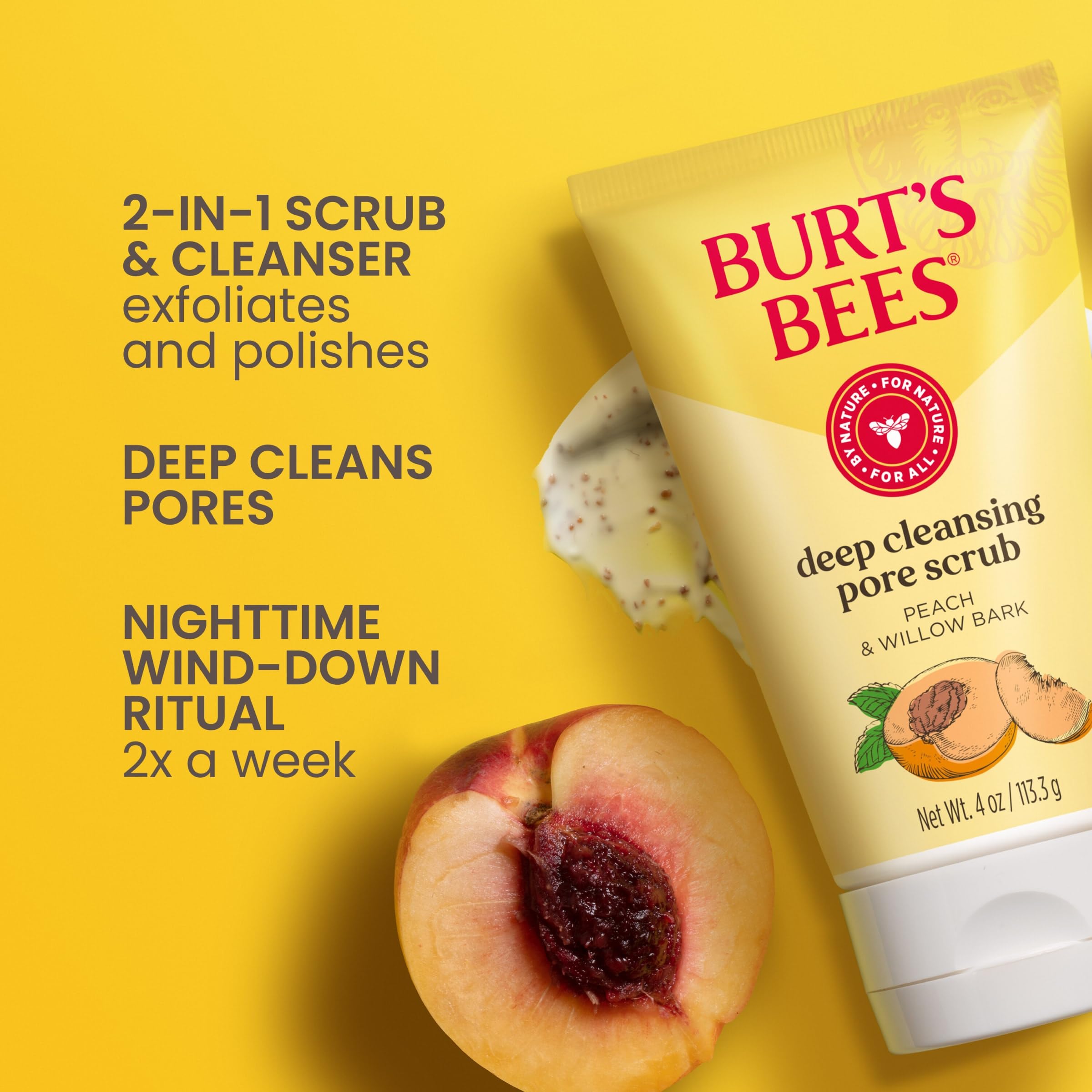 Burt's Bees peach stone granules on fingertip illustrating fine polish