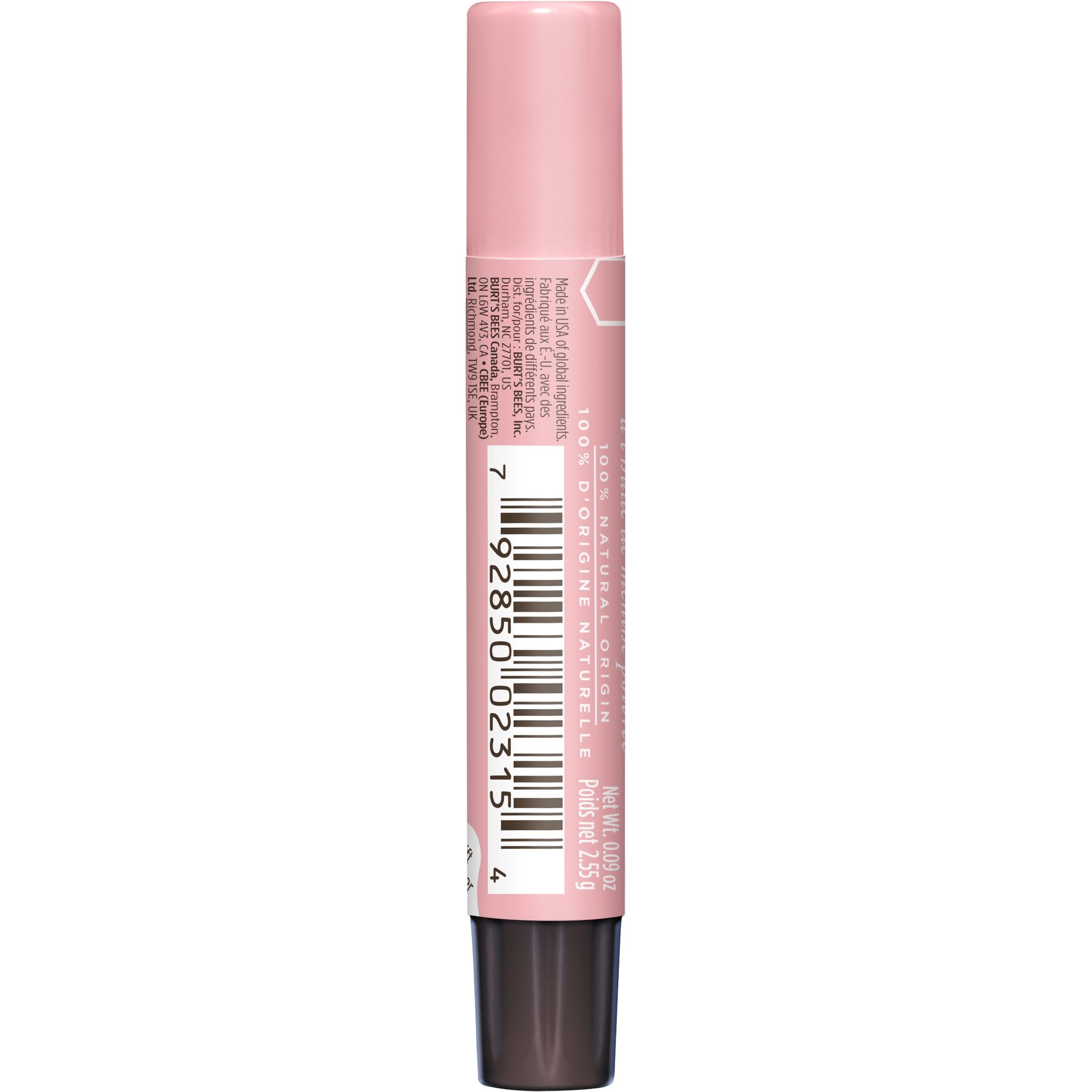 Burt's Bees applied on lips demonstrating peachy shimmer and soft finish