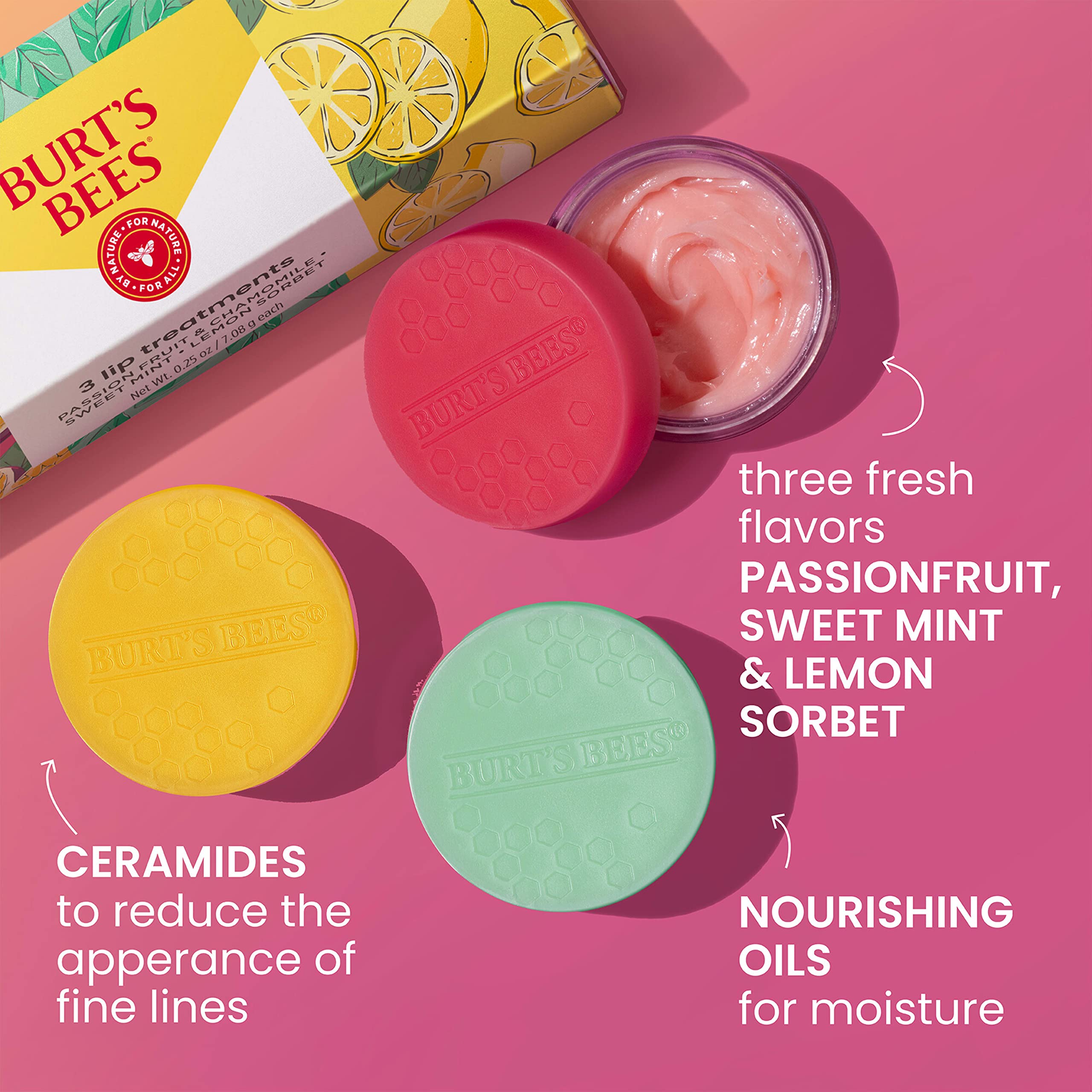 Burt's Bees ingredient display with ceramides and oils highlighting barrier support