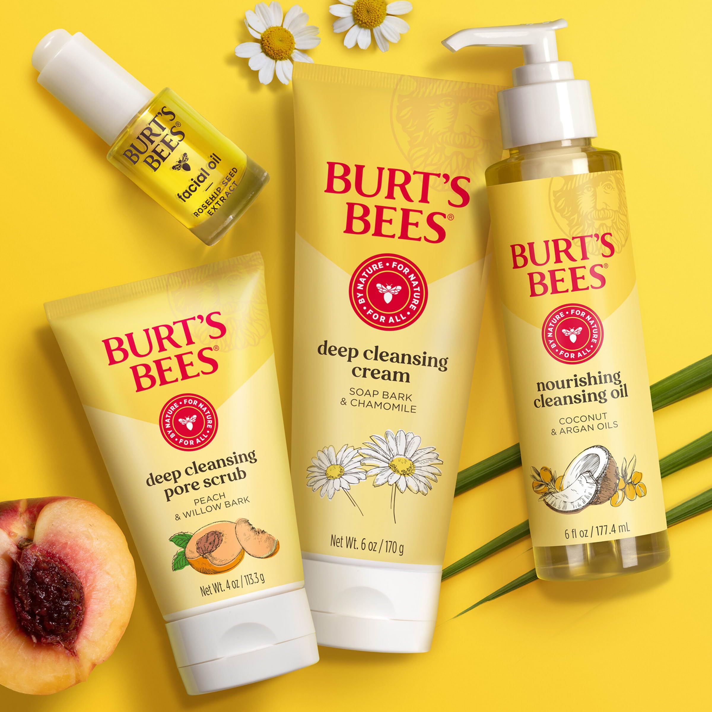 Product label close-up with Burt's Bees ingredients and 'free from' info