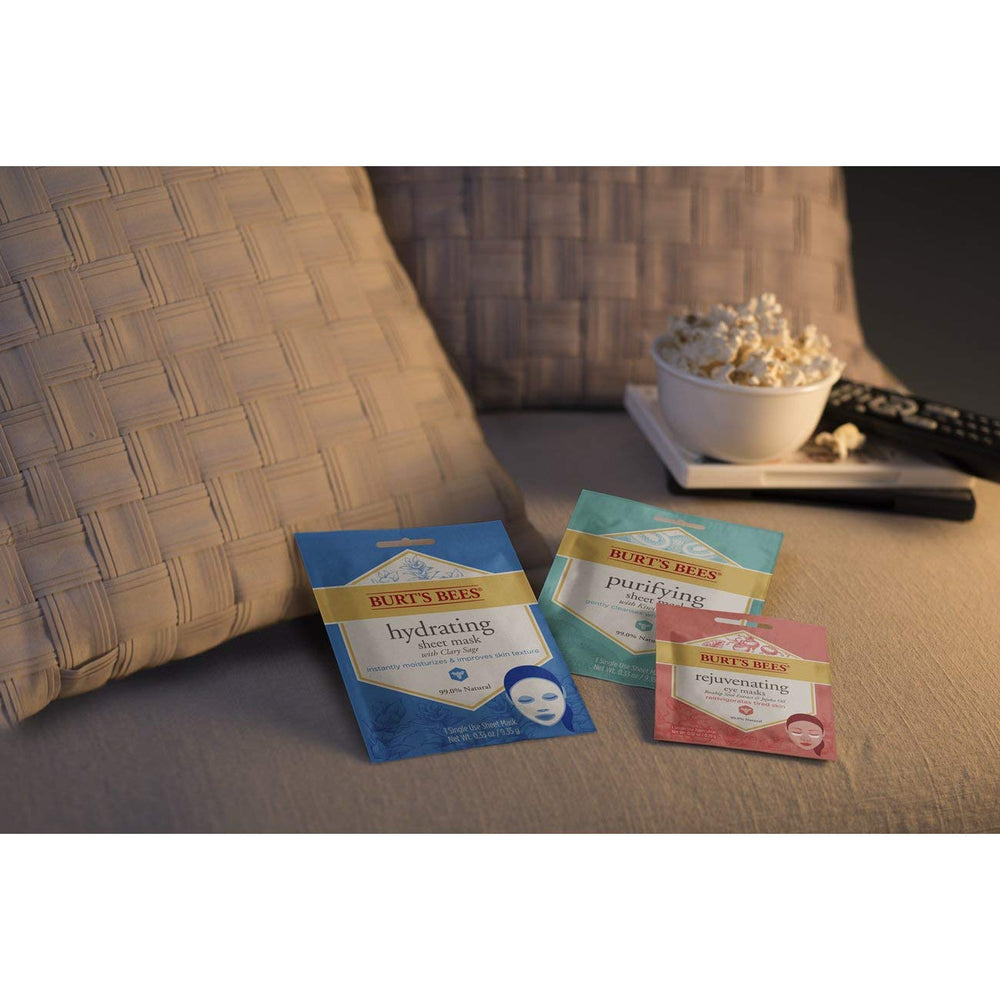 Burt's Bees sheet mask in a relaxed self-care setting for hydration