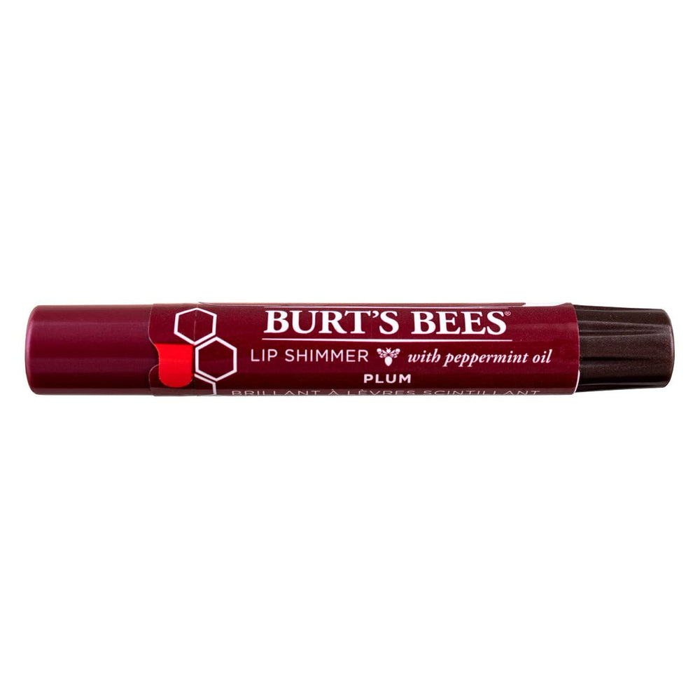 Burt's Bees lip shimmer plum front-facing pack showing five tubes and label benefit