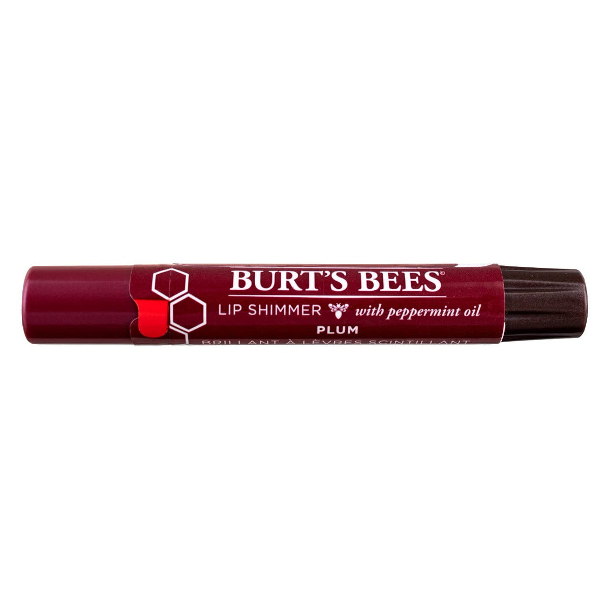 Burt's Bees lip shimmer plum front-facing pack showing five tubes and label benefit
